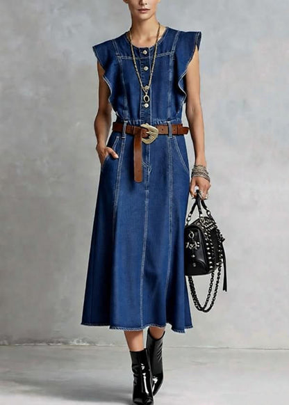 Round Neck Ruffle Shoulder Button Front Panel Denim Midi Dress