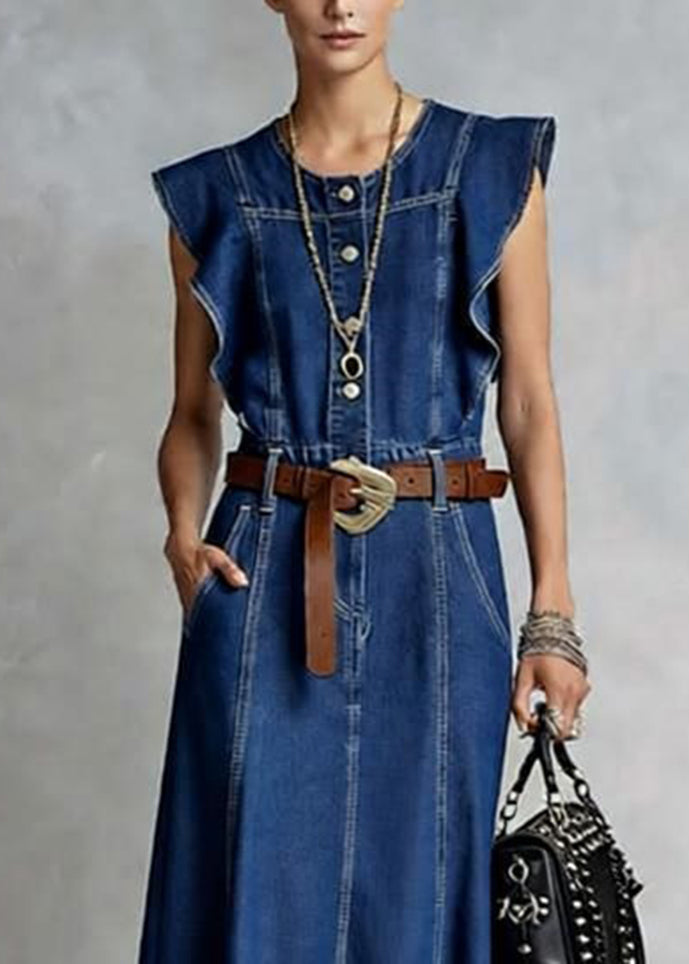 Round Neck Ruffle Shoulder Button Front Panel Denim Midi Dress