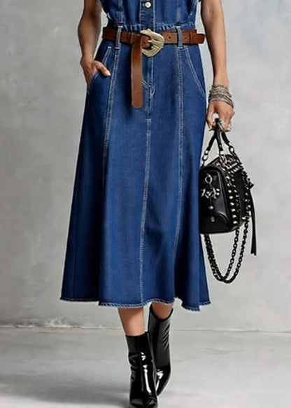 Round Neck Ruffle Shoulder Button Front Panel Denim Midi Dress