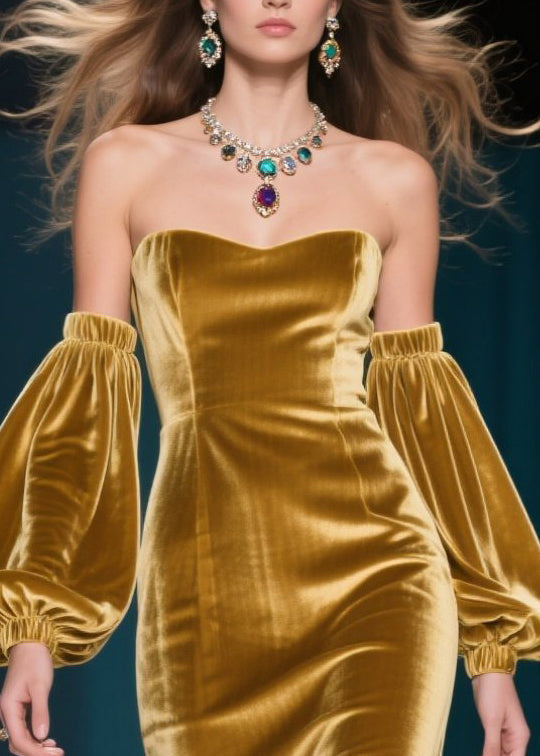 Strapless Sweetheart Neck Detached Balloon Sleeve Velvet Column Gown