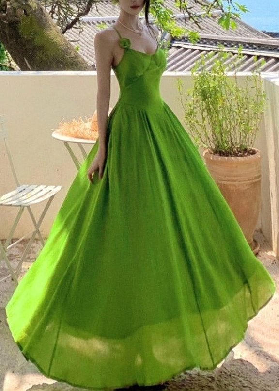 Spaghetti Strap Floral Applique Paneled Bodice Pleated A-Line Maxi Gown