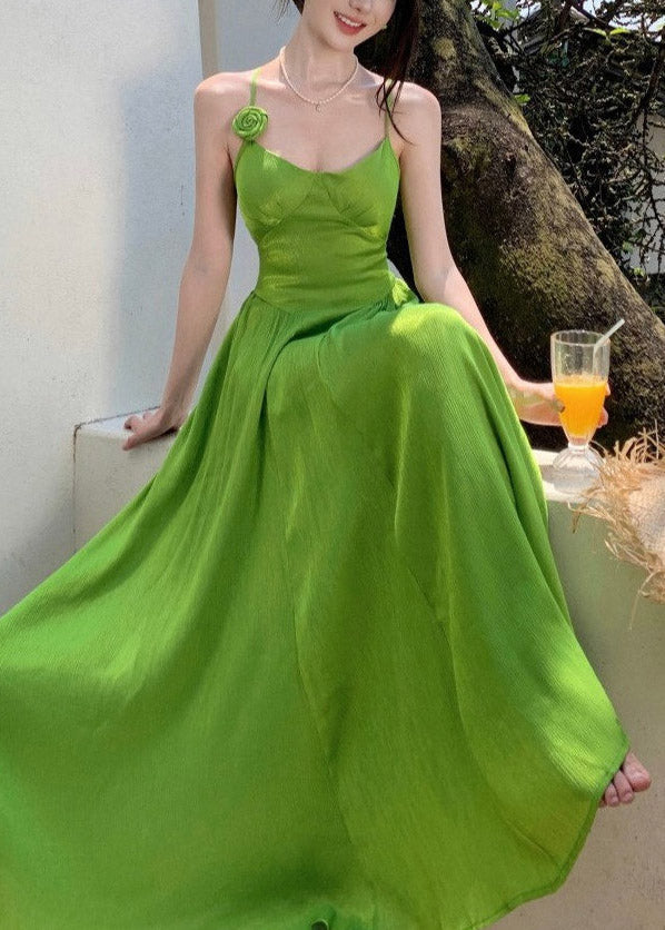 Spaghetti Strap Floral Applique Paneled Bodice Pleated A-Line Maxi Gown