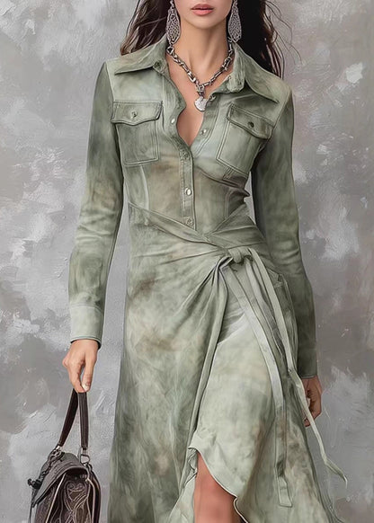Pointed Collar Button Front Pocket Wrap Tie Waist Tie-Dye Maxi Shirt Dress