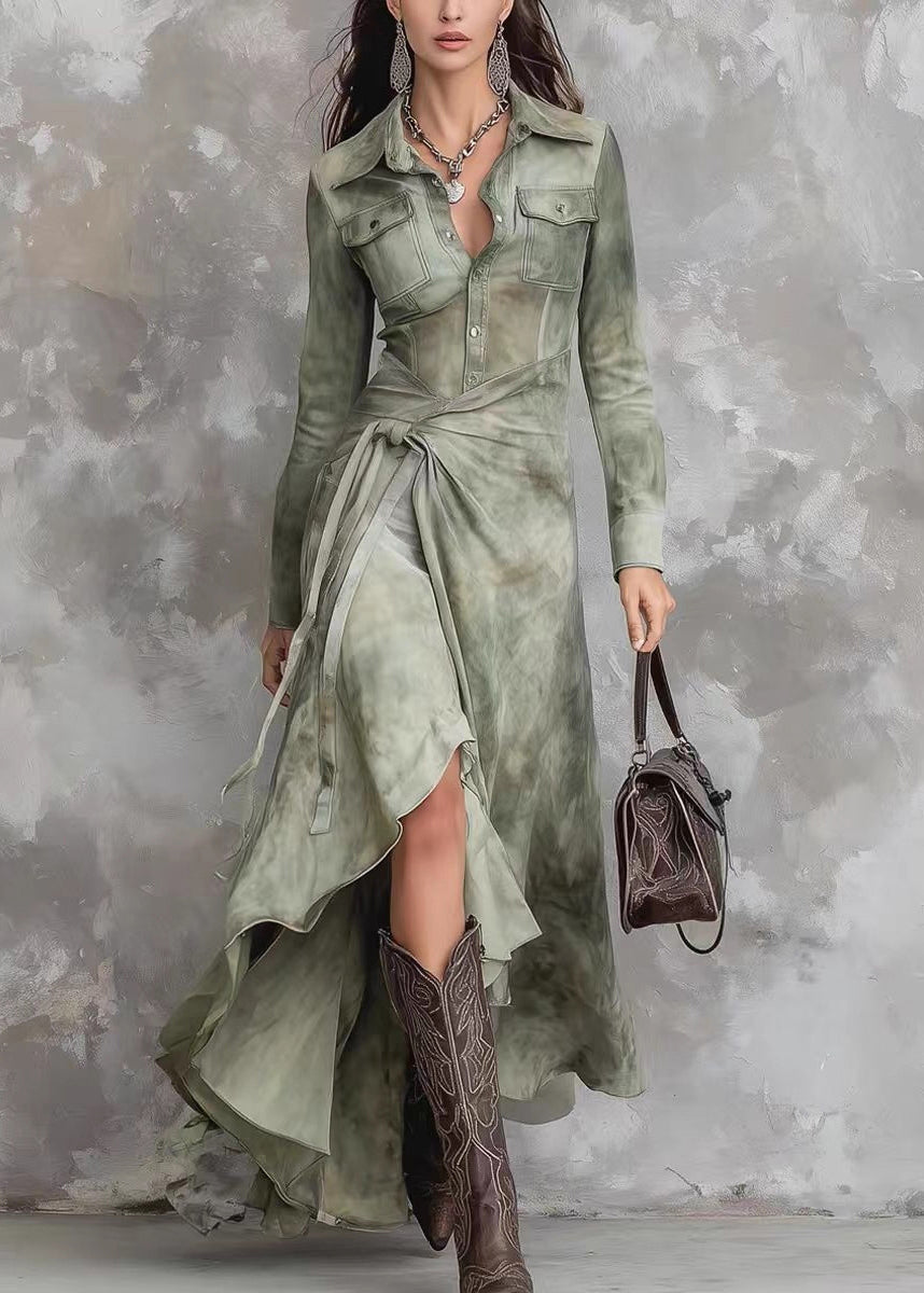 Pointed Collar Button Front Pocket Wrap Tie Waist Tie-Dye Maxi Shirt Dress