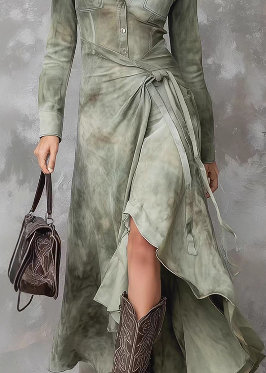 Pointed Collar Button Front Pocket Wrap Tie Waist Tie-Dye Maxi Shirt Dress