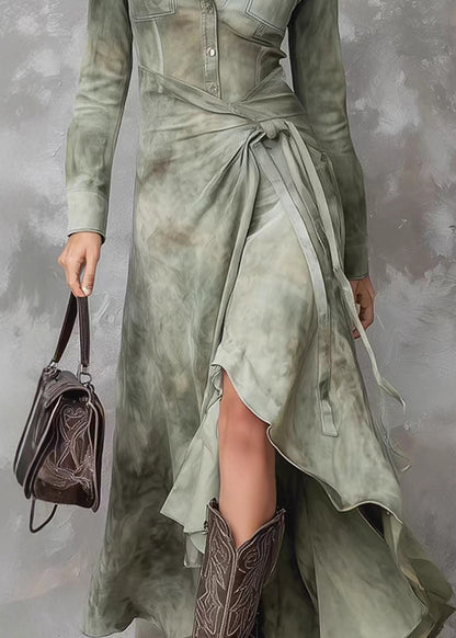 Pointed Collar Button Front Pocket Wrap Tie Waist Tie-Dye Maxi Shirt Dress