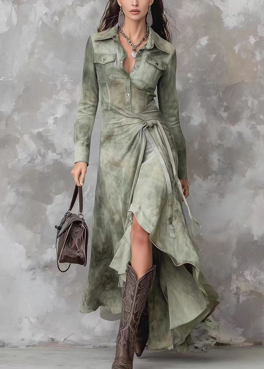 Pointed Collar Button Front Pocket Wrap Tie Waist Tie-Dye Maxi Shirt Dress