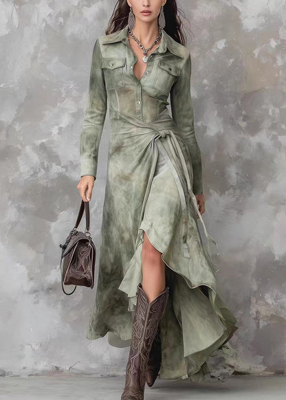 Pointed Collar Button Front Pocket Wrap Tie Waist Tie-Dye Maxi Shirt Dress