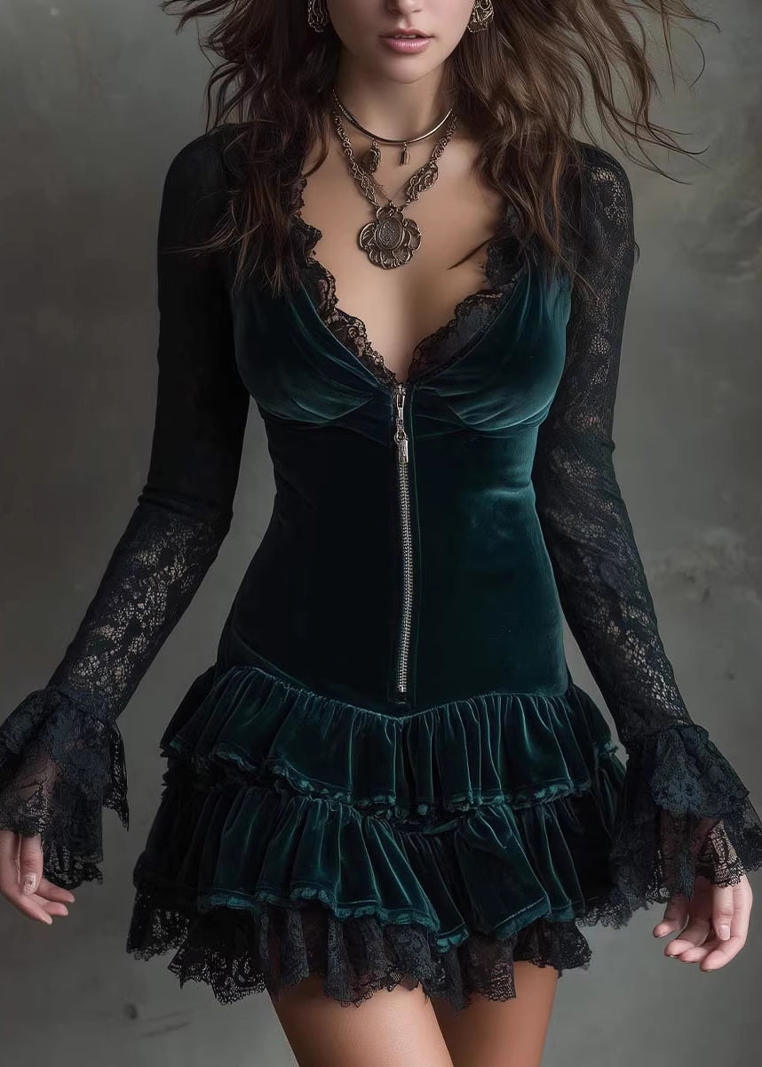 Lace Trim Zip Front V-Neck Tiered Ruffle Velvet Bell Cuff Mini Dress