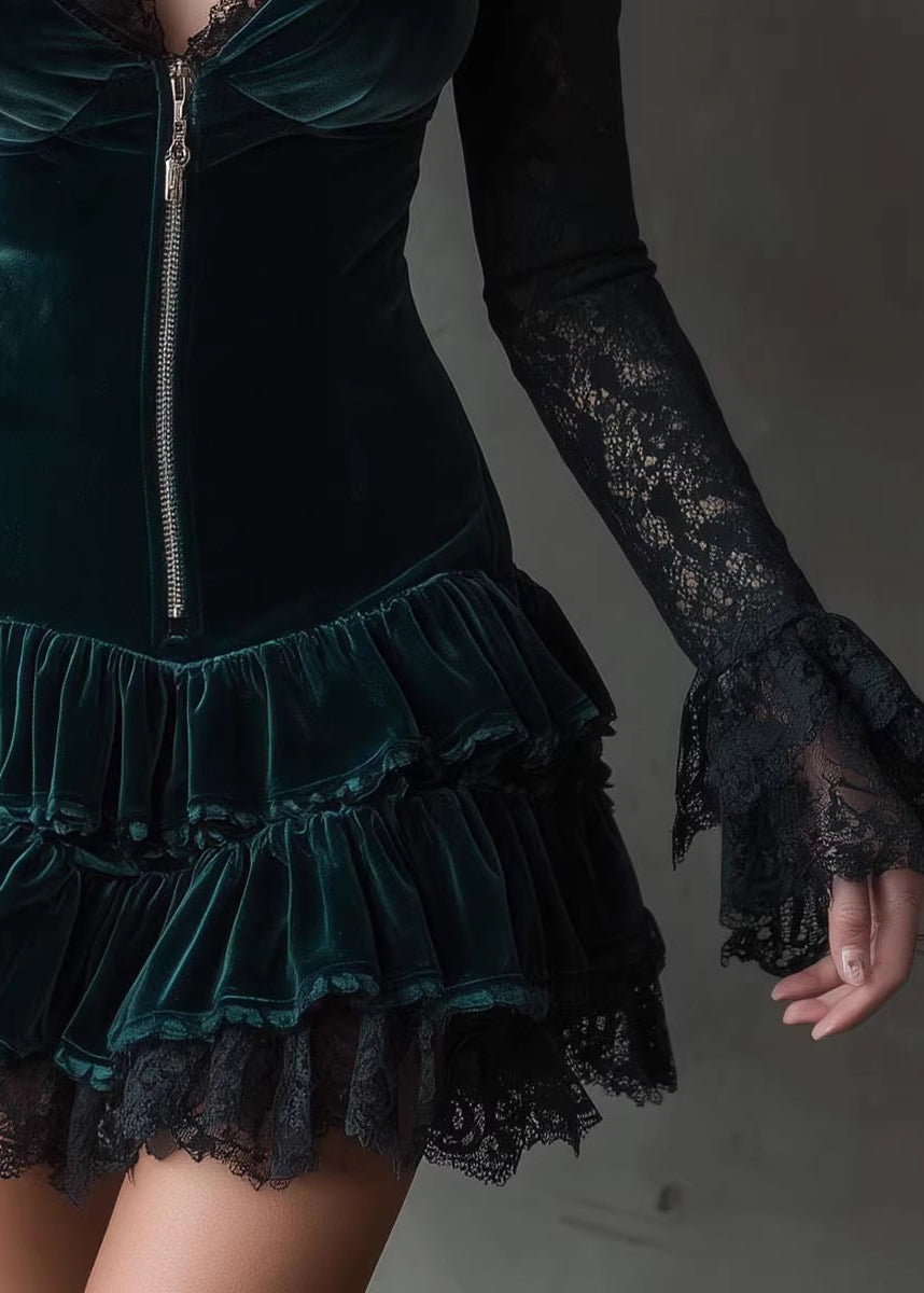 Lace Trim Zip Front V-Neck Tiered Ruffle Velvet Bell Cuff Mini Dress