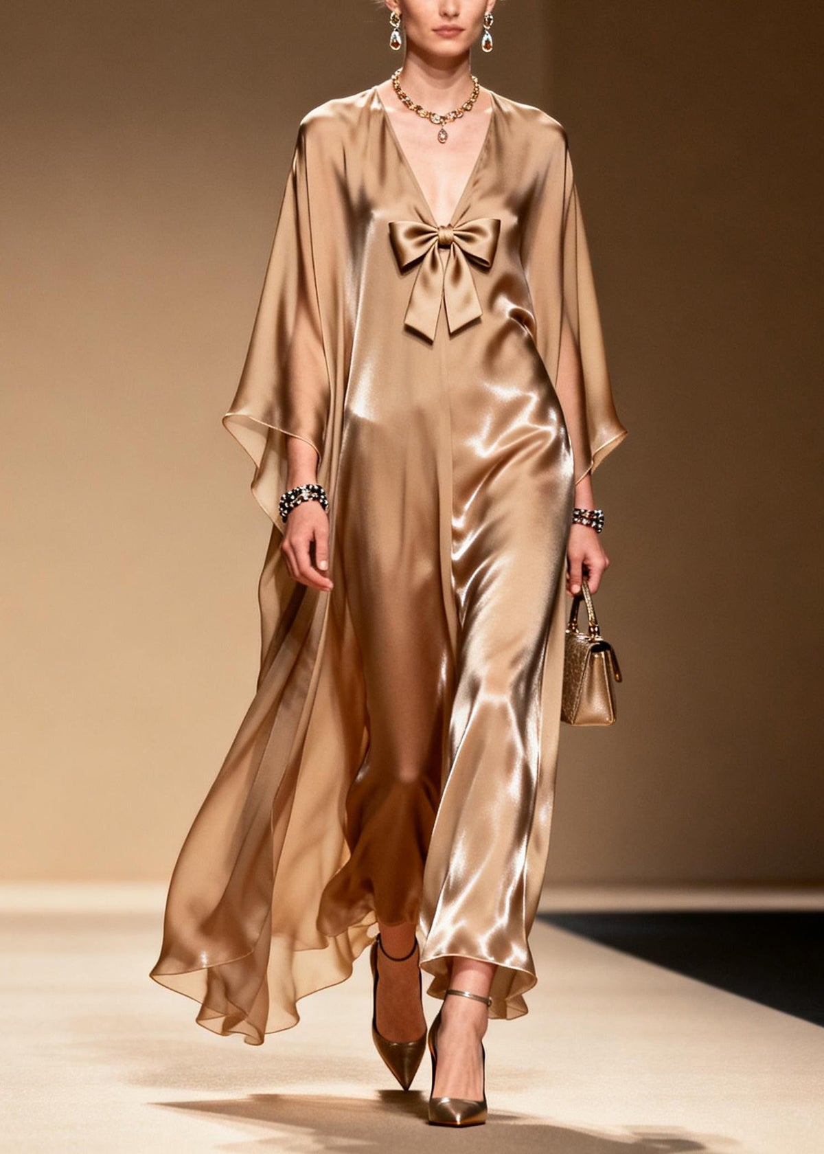 Deep V-Neck Front Bow Kaftan Sleeve Satin Floor Length Gown