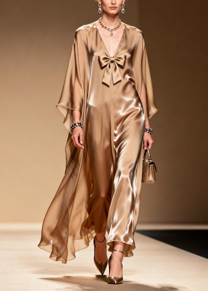 Deep V-Neck Front Bow Kaftan Sleeve Satin Floor Length Gown
