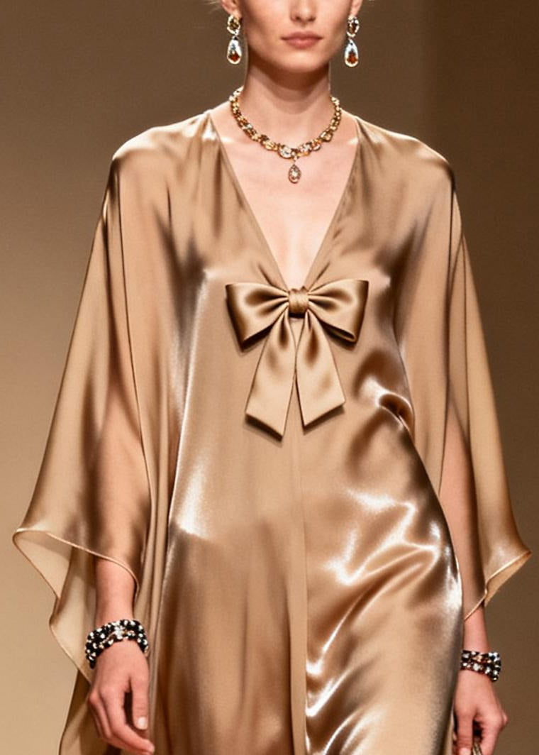 Deep V-Neck Front Bow Kaftan Sleeve Satin Floor Length Gown