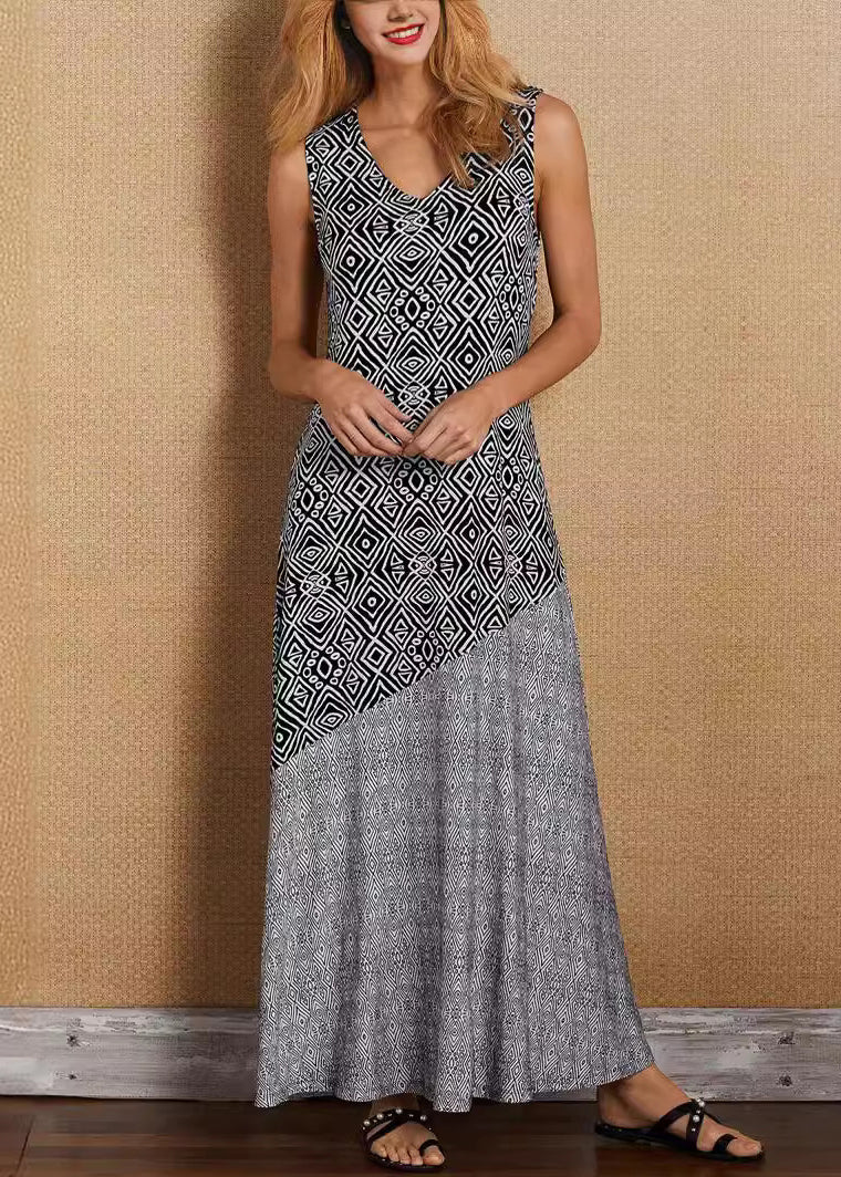 Deep V Neck Diagonal Seam Tribal Geometric Print Maxi Dress