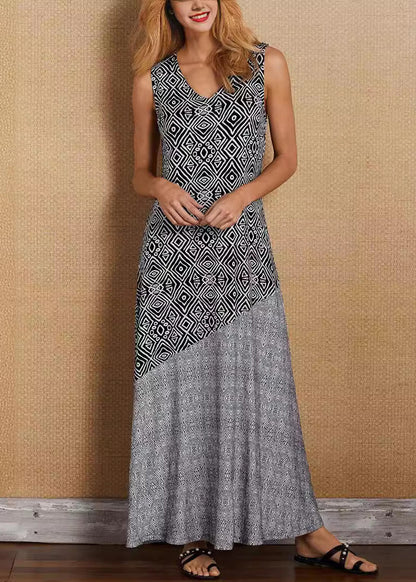 Deep V Neck Diagonal Seam Tribal Geometric Print Maxi Dress