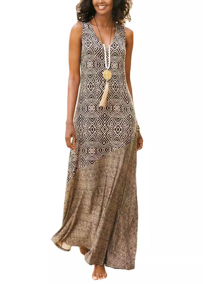 Deep V Neck Diagonal Seam Tribal Geometric Print Maxi Dress