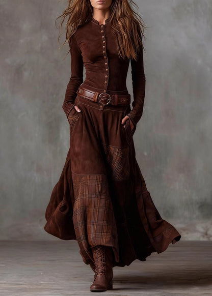Button Front Stand Collar Patchwork Plaid Panel Maxi Dress