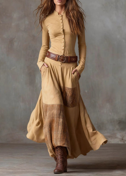 Button Front Stand Collar Patchwork Plaid Panel Maxi Dress