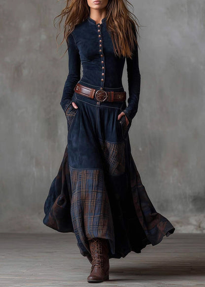 Button Front Stand Collar Patchwork Plaid Panel Maxi Dress
