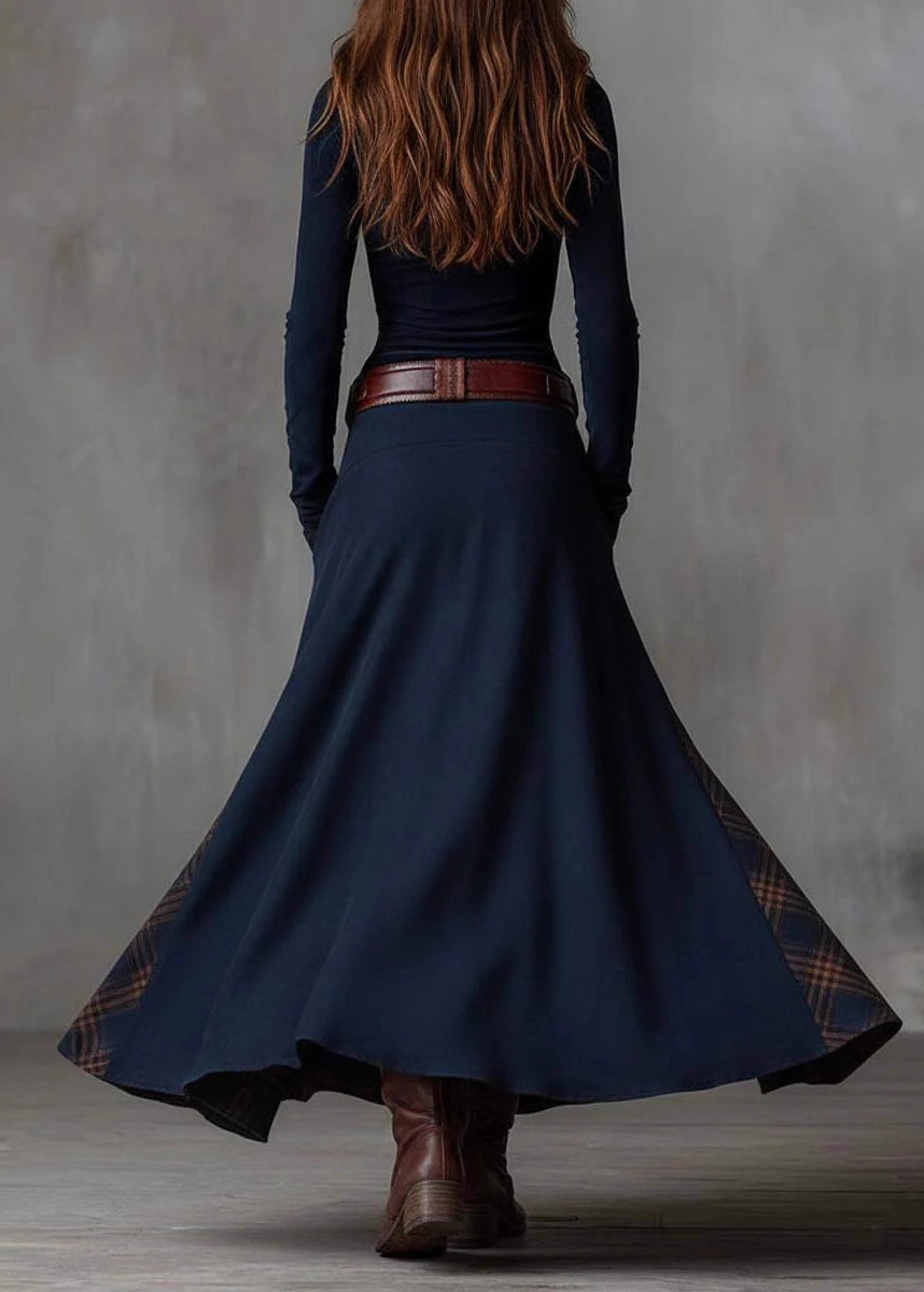 Button Front Stand Collar Patchwork Plaid Panel Maxi Dress