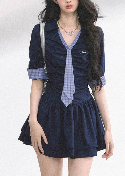 Plaid Collar Tie Front Ruched Bodice Pleated Tier Mini Dress