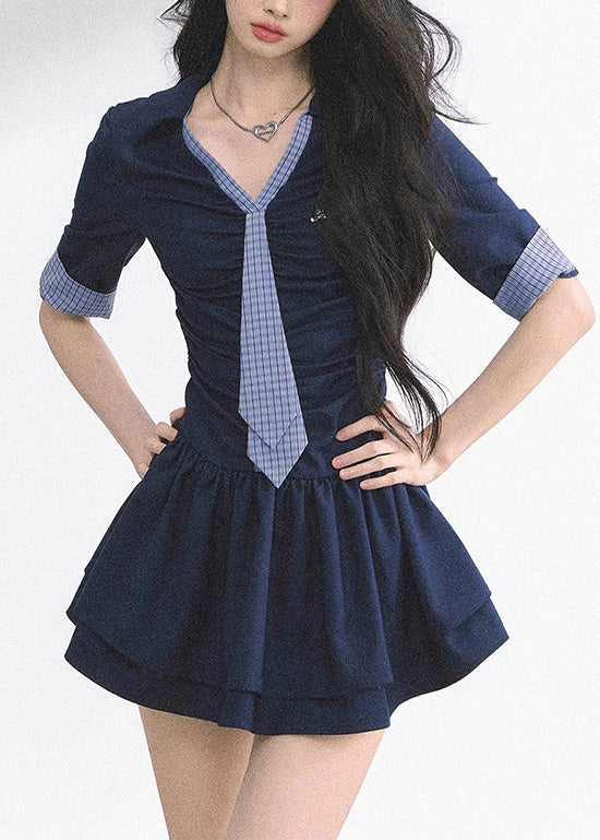 Plaid Collar Tie Front Ruched Bodice Pleated Tier Mini Dress