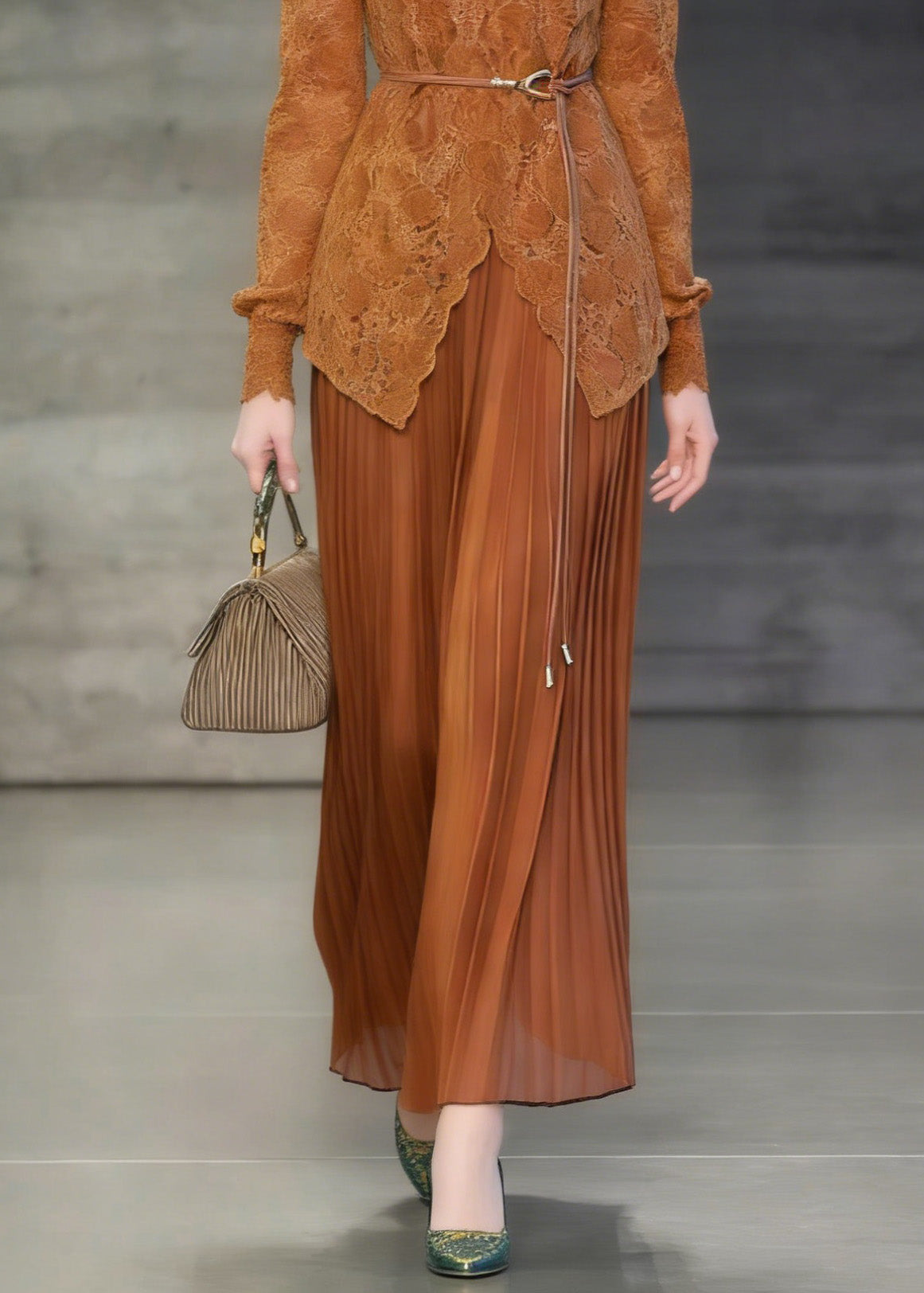 Puff Sleeve Scalloped Hem Lace Top Pleated Maxi Skirt Set