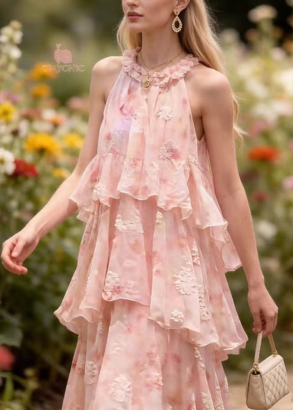 Ruffled High Neck Floral Applique Layered Chiffon Tiered Maxi Dress