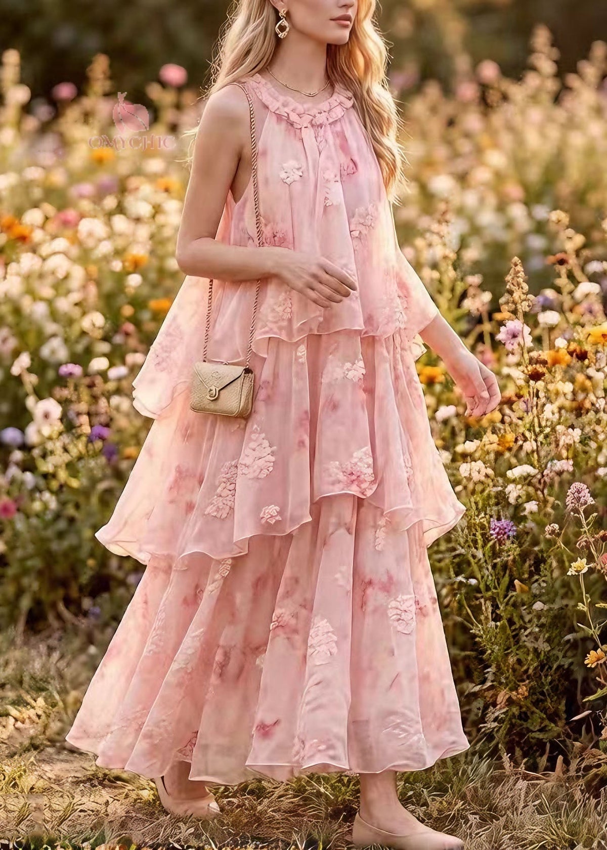 Ruffled High Neck Floral Applique Layered Chiffon Tiered Maxi Dress