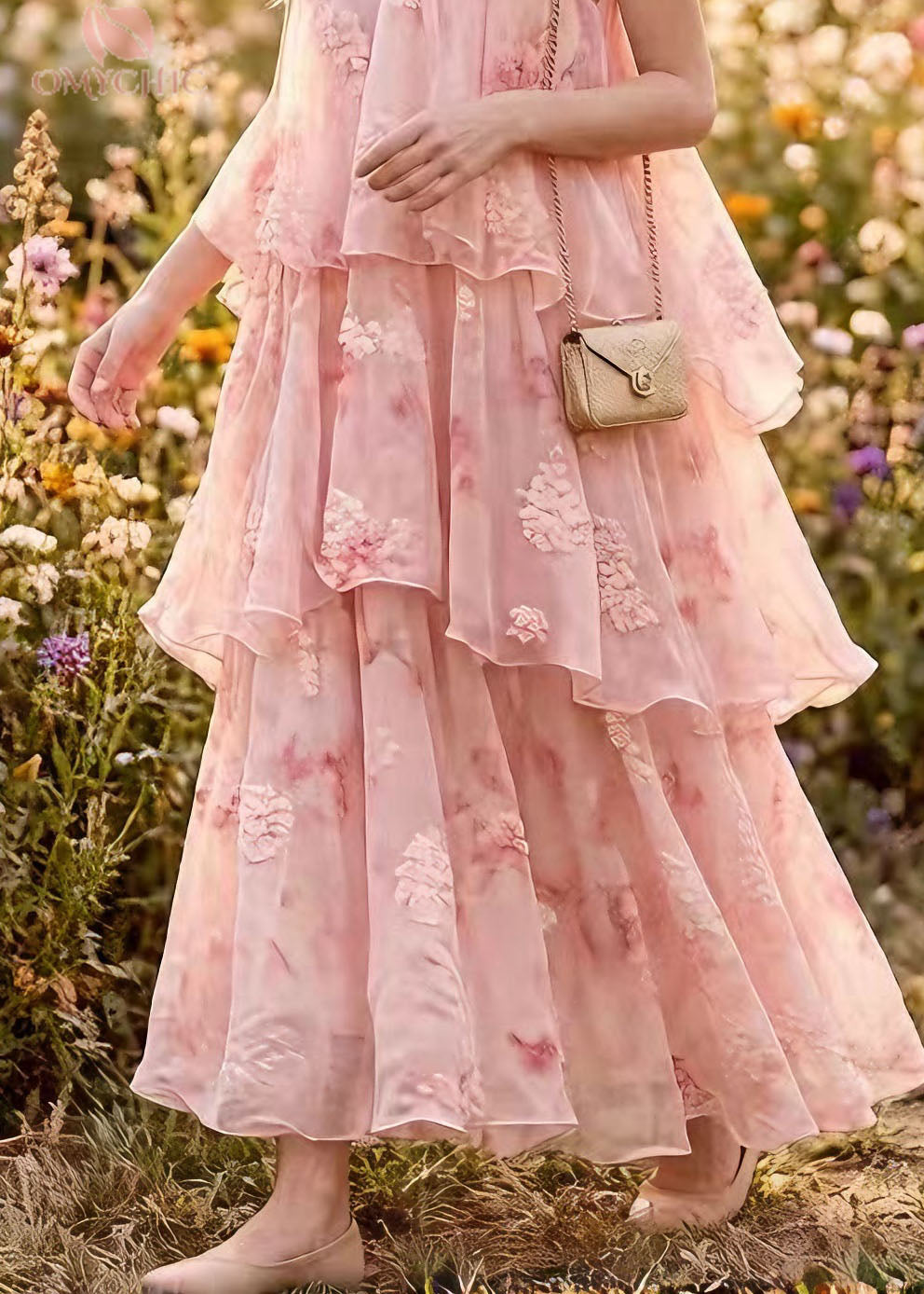 Ruffled High Neck Floral Applique Layered Chiffon Tiered Maxi Dress
