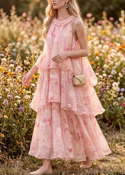 Ruffled High Neck Floral Applique Layered Chiffon Tiered Maxi Dress