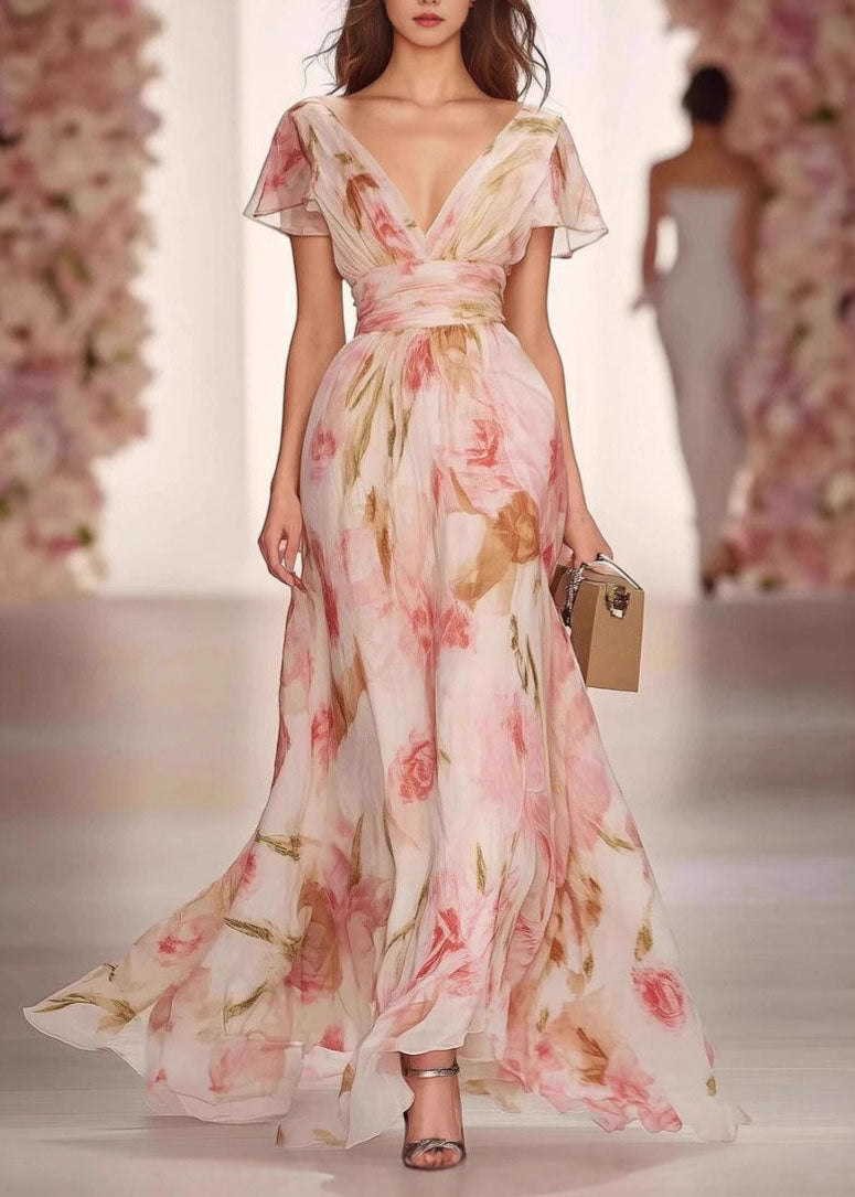 Deep V-Neck Flutter Sleeve Wrap Waist Floral Chiffon Maxi Dress