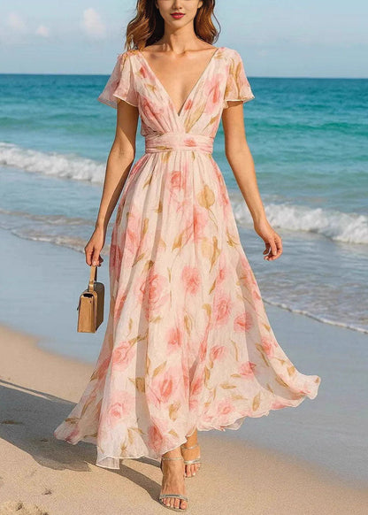 Deep V-Neck Flutter Sleeve Wrap Waist Floral Chiffon Maxi Dress