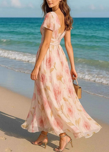 Deep V-Neck Flutter Sleeve Wrap Waist Floral Chiffon Maxi Dress