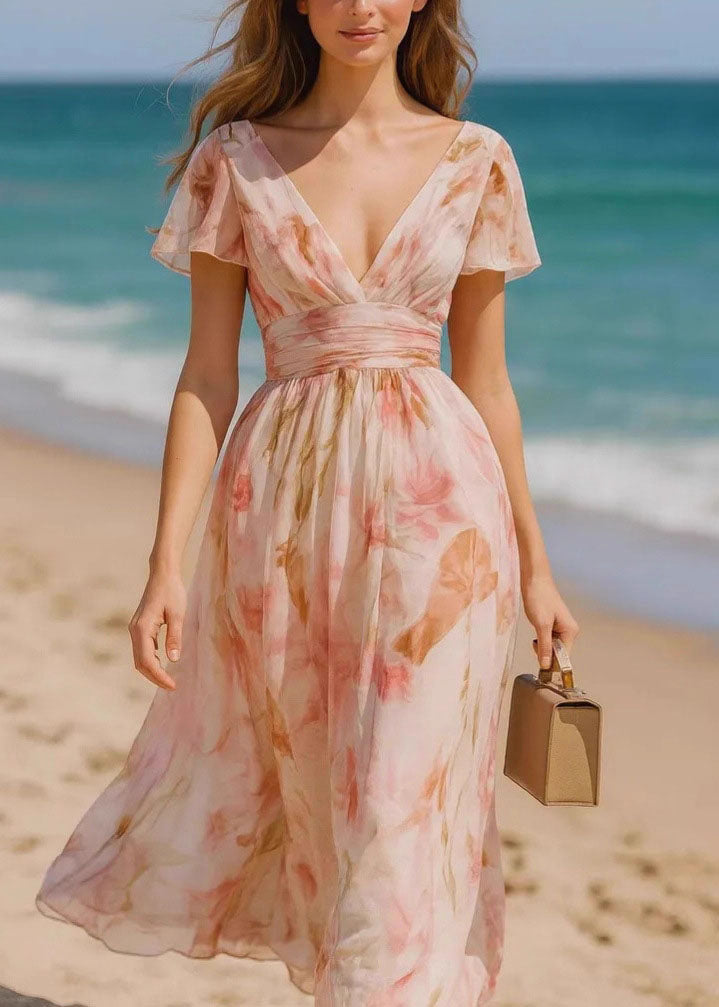 Deep V-Neck Flutter Sleeve Wrap Waist Floral Chiffon Maxi Dress