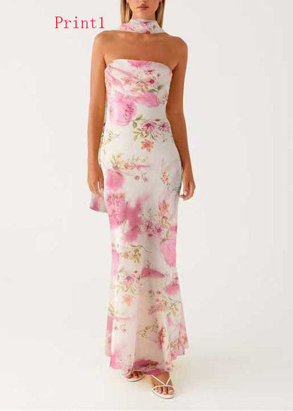 Floral Watercolor Print Strapless Neck Scarf Band Maxi Dress