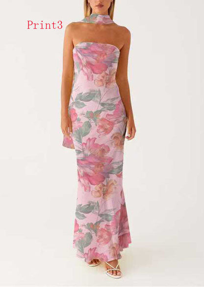 Floral Watercolor Print Strapless Neck Scarf Band Maxi Dress