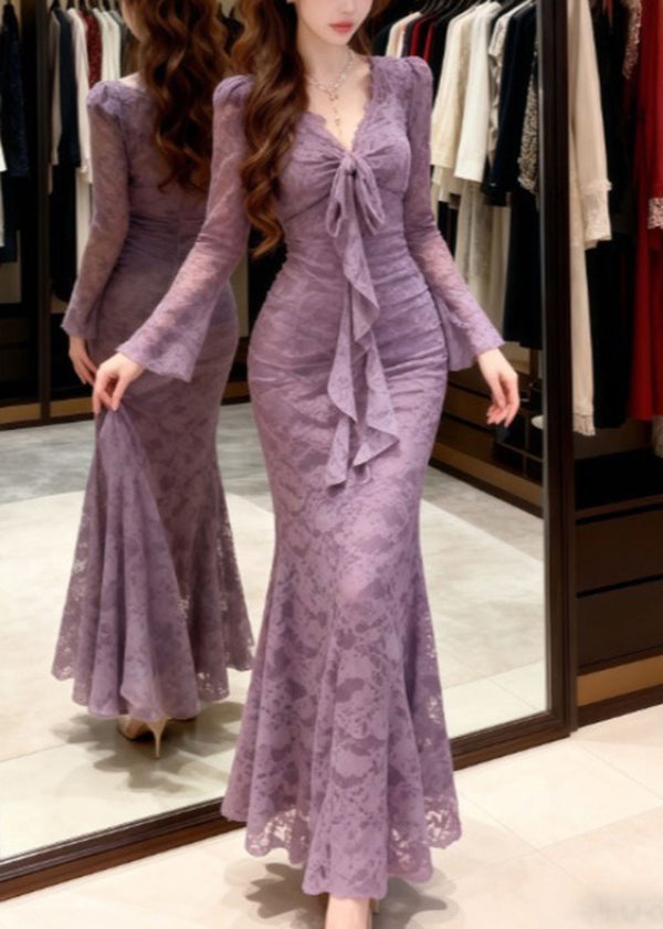 Deep V-Neck Bow Front Ruched Bell Cuff Lace Mermaid Gown