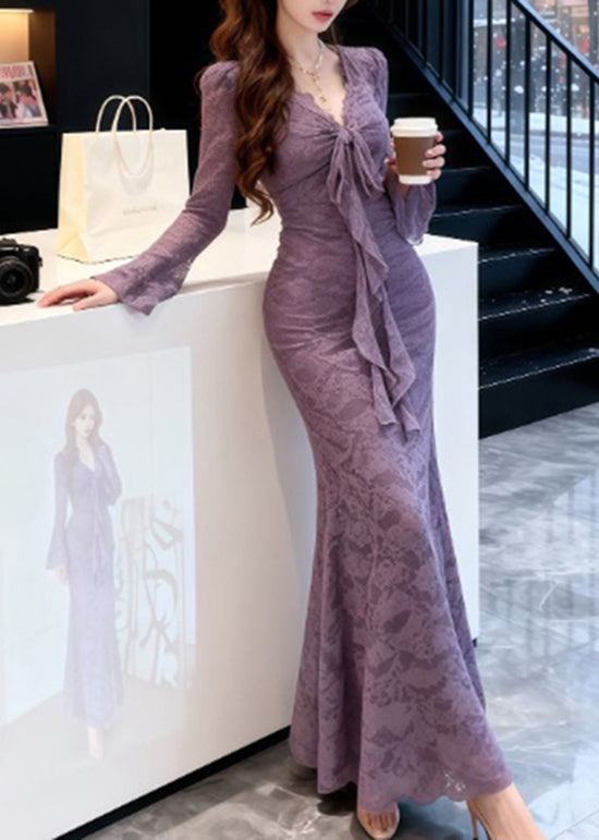 Deep V-Neck Bow Front Ruched Bell Cuff Lace Mermaid Gown
