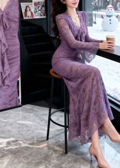 Deep V-Neck Bow Front Ruched Bell Cuff Lace Mermaid Gown