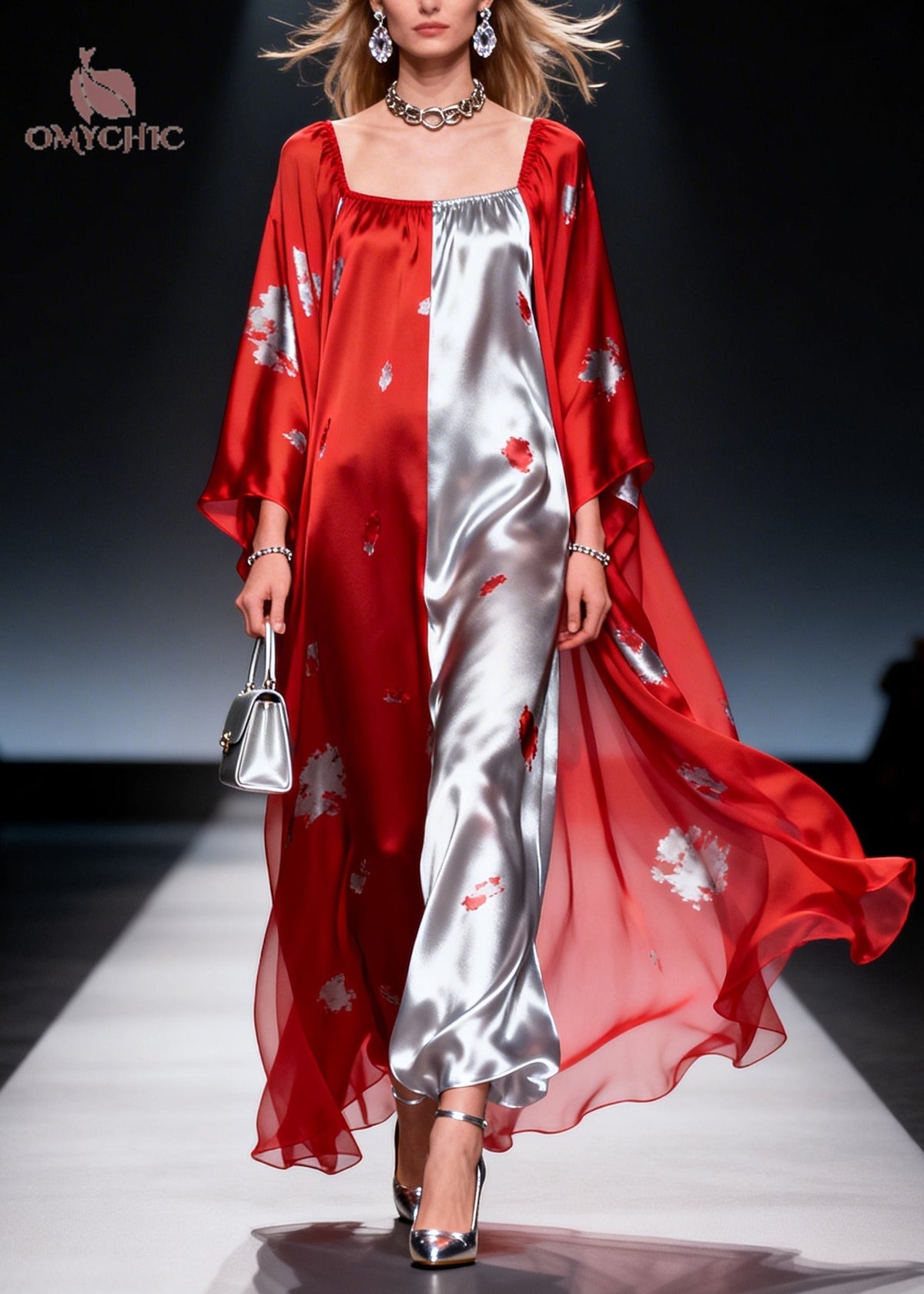 Square Neck Abstract Print Satin Sheer Cape Sleeve Maxi Dress