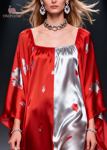 Square Neck Abstract Print Satin Sheer Cape Sleeve Maxi Dress