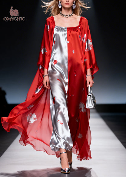 Square Neck Abstract Print Satin Sheer Cape Sleeve Maxi Dress