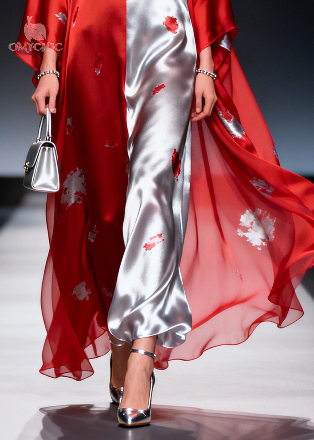 Square Neck Abstract Print Satin Sheer Cape Sleeve Maxi Dress