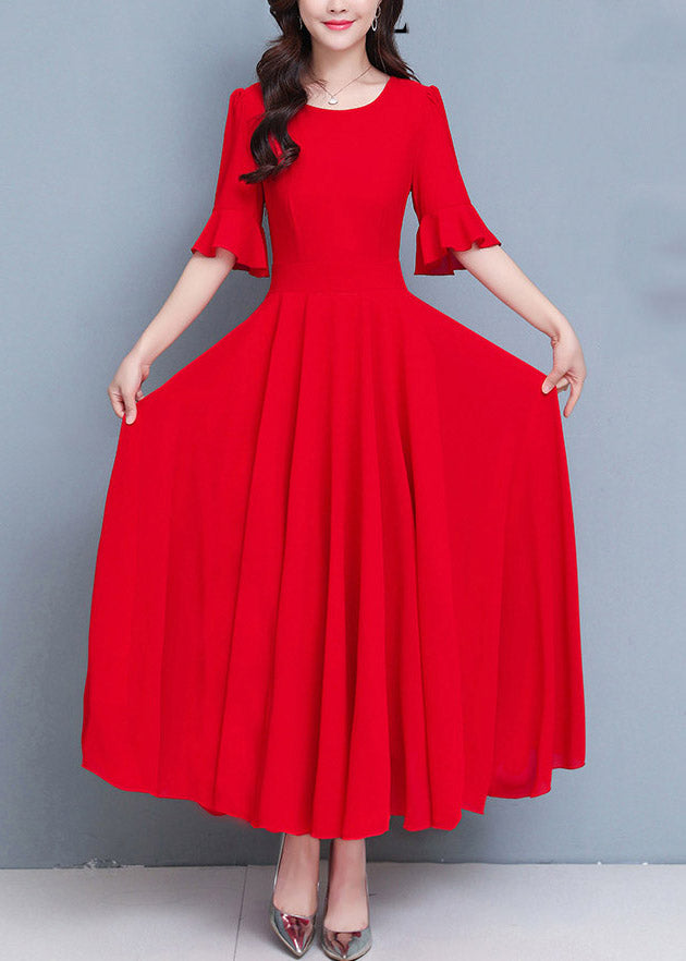 Round Neck Bell Sleeve Pleated A Line Maxi Dress