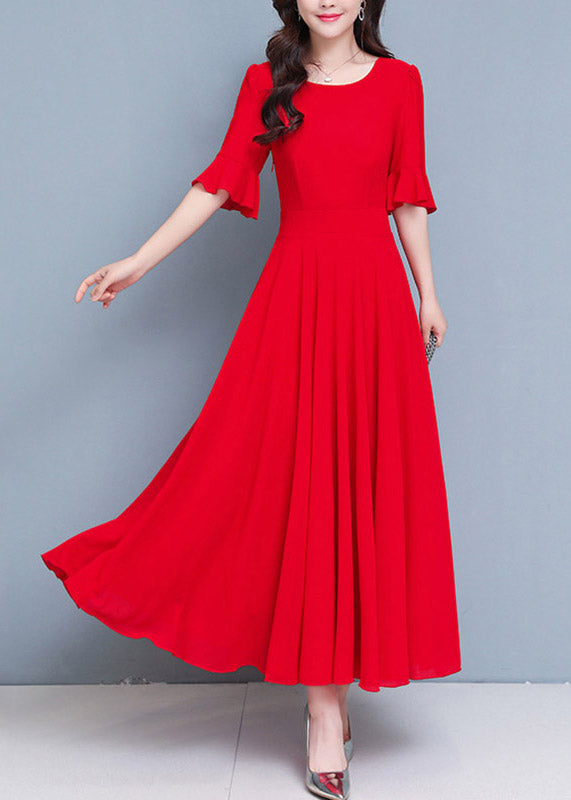 Round Neck Bell Sleeve Pleated A Line Maxi Dress