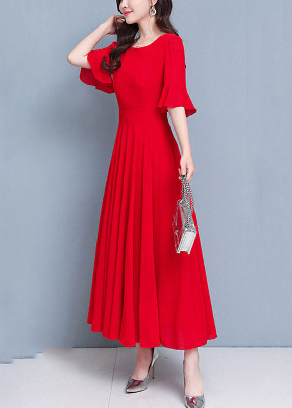 Round Neck Bell Sleeve Pleated A Line Maxi Dress
