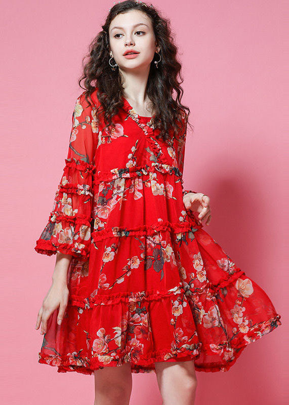 V Neck Ruffle Trim Tiered Floral Print Flared Sleeve Mini Dress