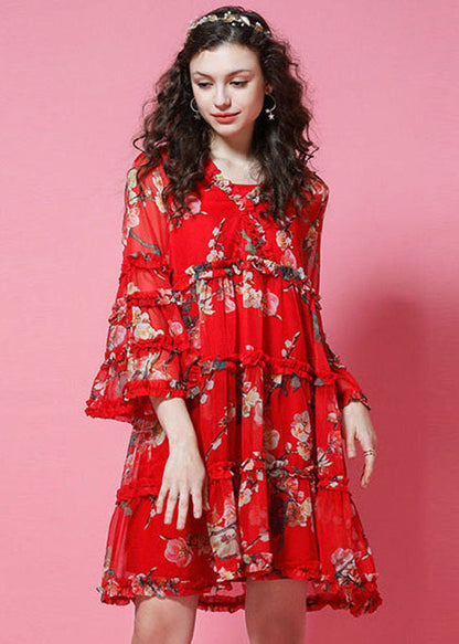 V Neck Ruffle Trim Tiered Floral Print Flared Sleeve Mini Dress