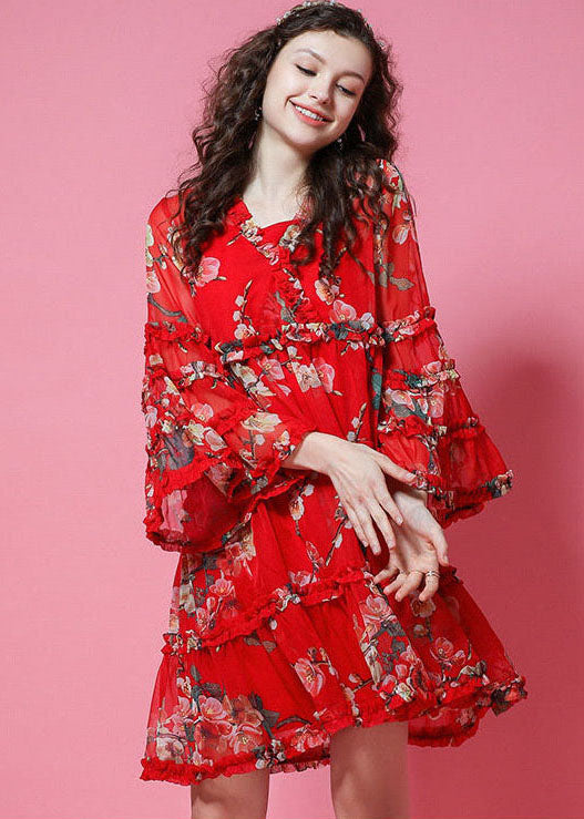 V Neck Ruffle Trim Tiered Floral Print Flared Sleeve Mini Dress